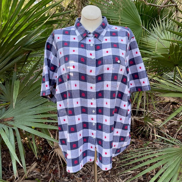 Vintage 90s Blue White Plaid School House Apple Short Sleeves Liz and Me Size 4X - Picture 2 of 11